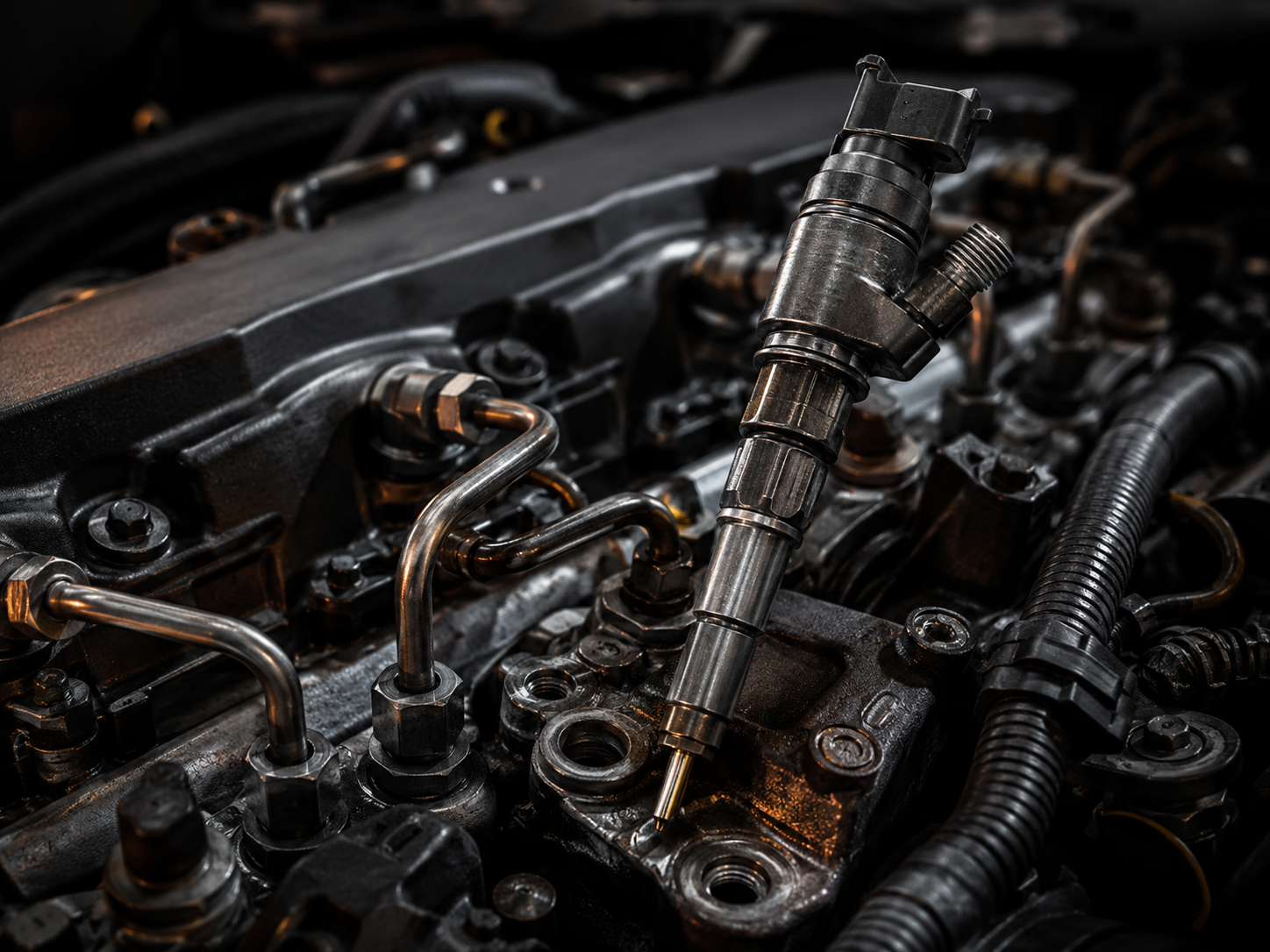 Close-up engine bay detail for specialist injector removal work